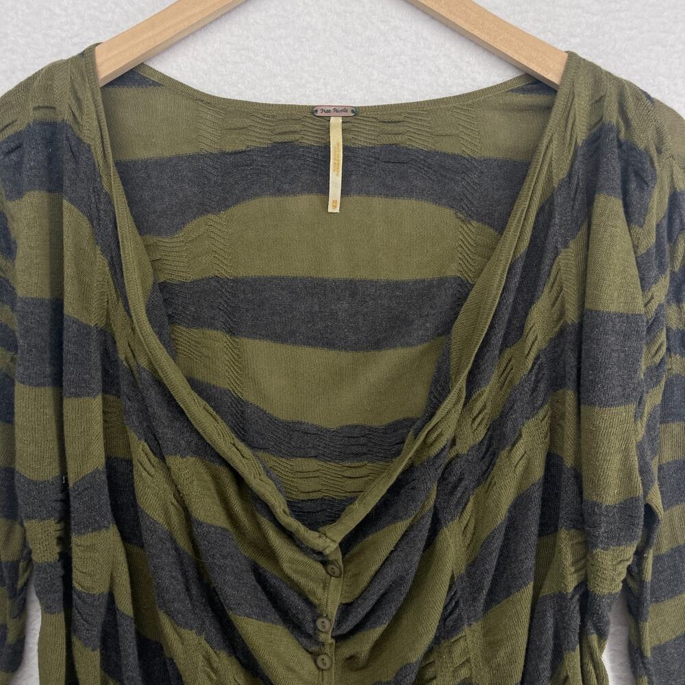 FREE PEOPLE Sweater XS Crumpled Striped Cardigan Slouchy Button Up Cotton Green - Picture 4 of 11